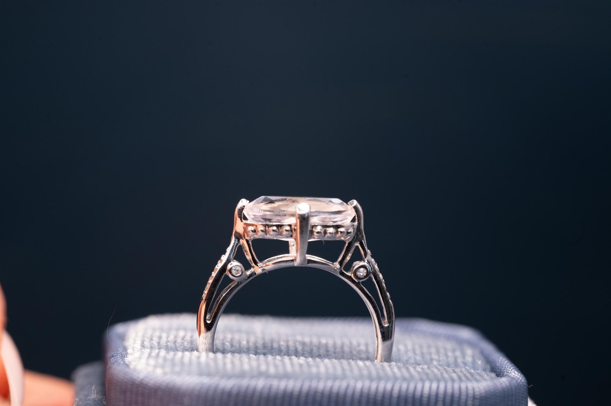 Vintage 9ct Gold Rose Quartz and Diamond Cocktail Ring, Marquise Cut Engagement Ring White Gold - England Assayed