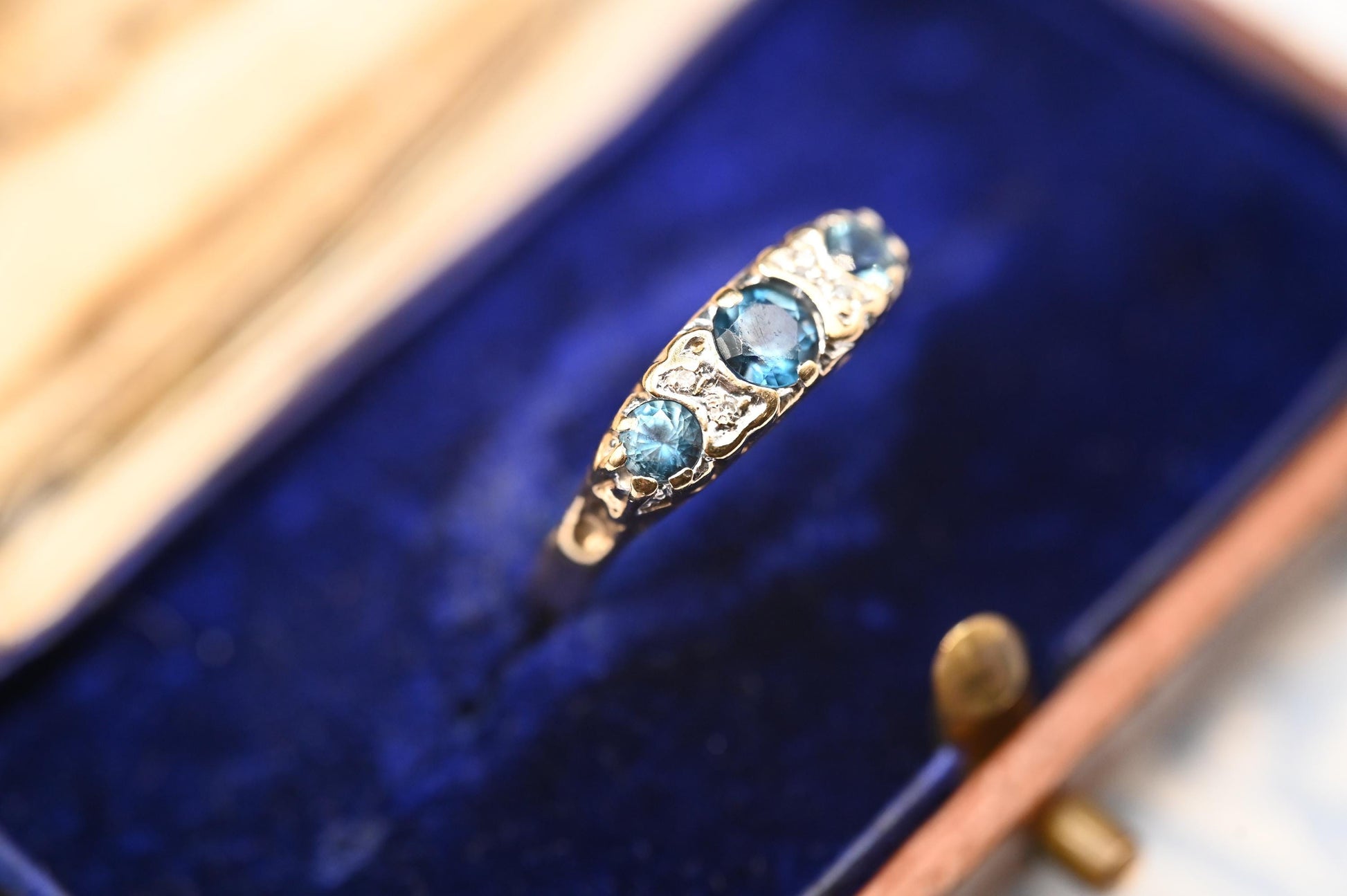Vintage Half Eternity Blue Topaz & Diamond 9ct Yellow Gold Ring - Stack Ring 9k Size M / 6.5