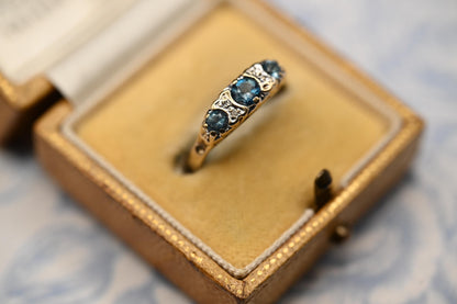 Vintage Half Eternity Blue Topaz & Diamond 9ct Yellow Gold Ring - Stack Ring 9k Size M / 6.5