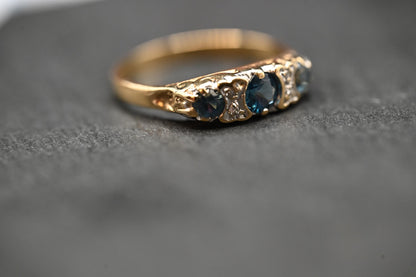 Vintage Half Eternity Blue Topaz & Diamond 9ct Yellow Gold Ring - Stack Ring 9k Size M / 6.5