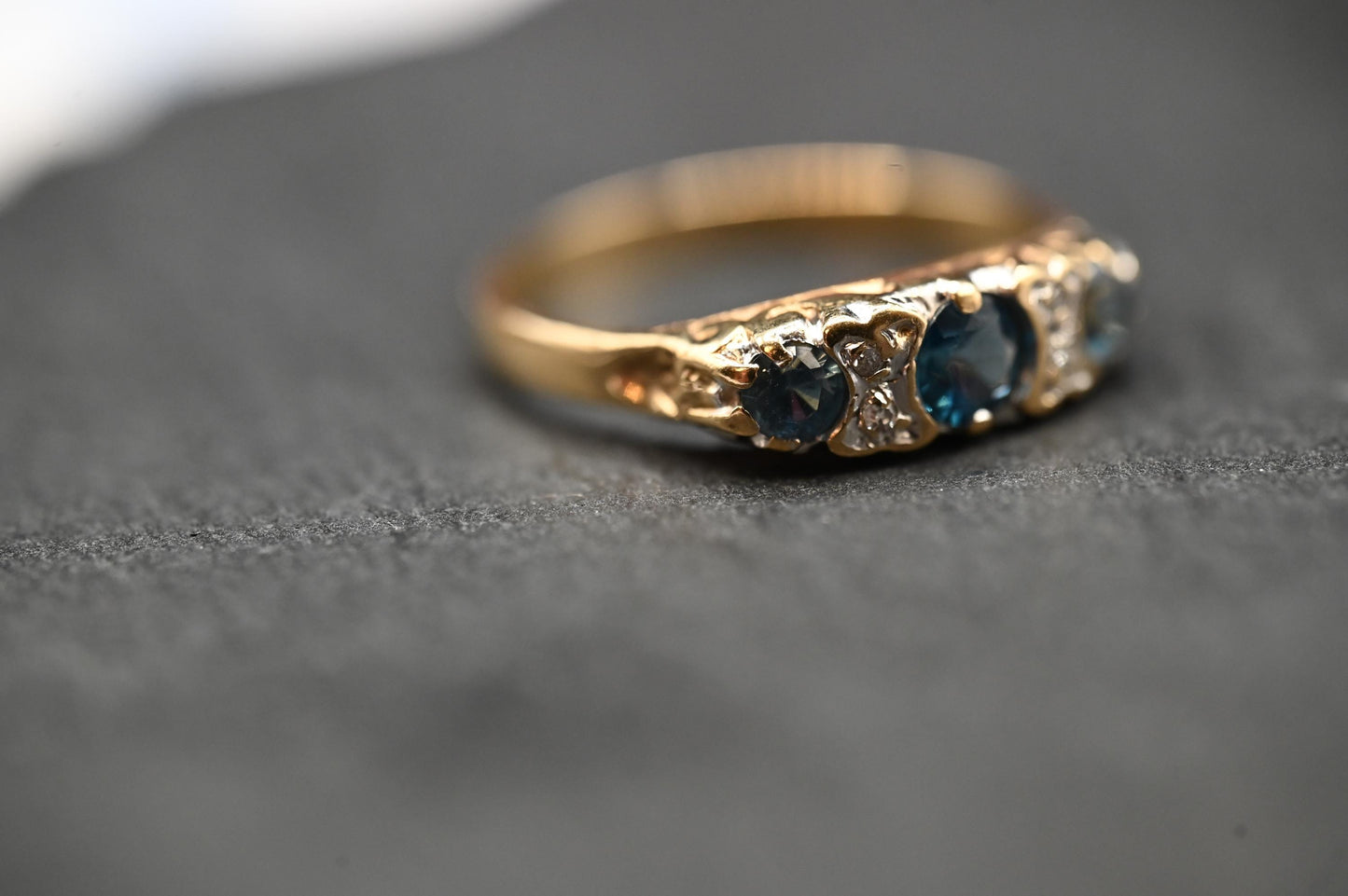 Vintage Half Eternity Blue Topaz & Diamond 9ct Yellow Gold Ring - Stack Ring 9k Size M / 6.5