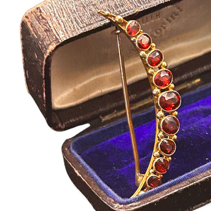 Victorian 9ct Moon Cresecent Brooch Garnet Antique Jewellery
