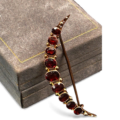 Victorian 9ct Moon Cresecent Brooch Garnet Antique Jewellery