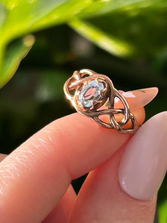 Vintage 90's Clogau Rose Gold 9ct Celtic Ring Aquamarine| Welsh Gold Dainty Jewelry - Size K / 5.5