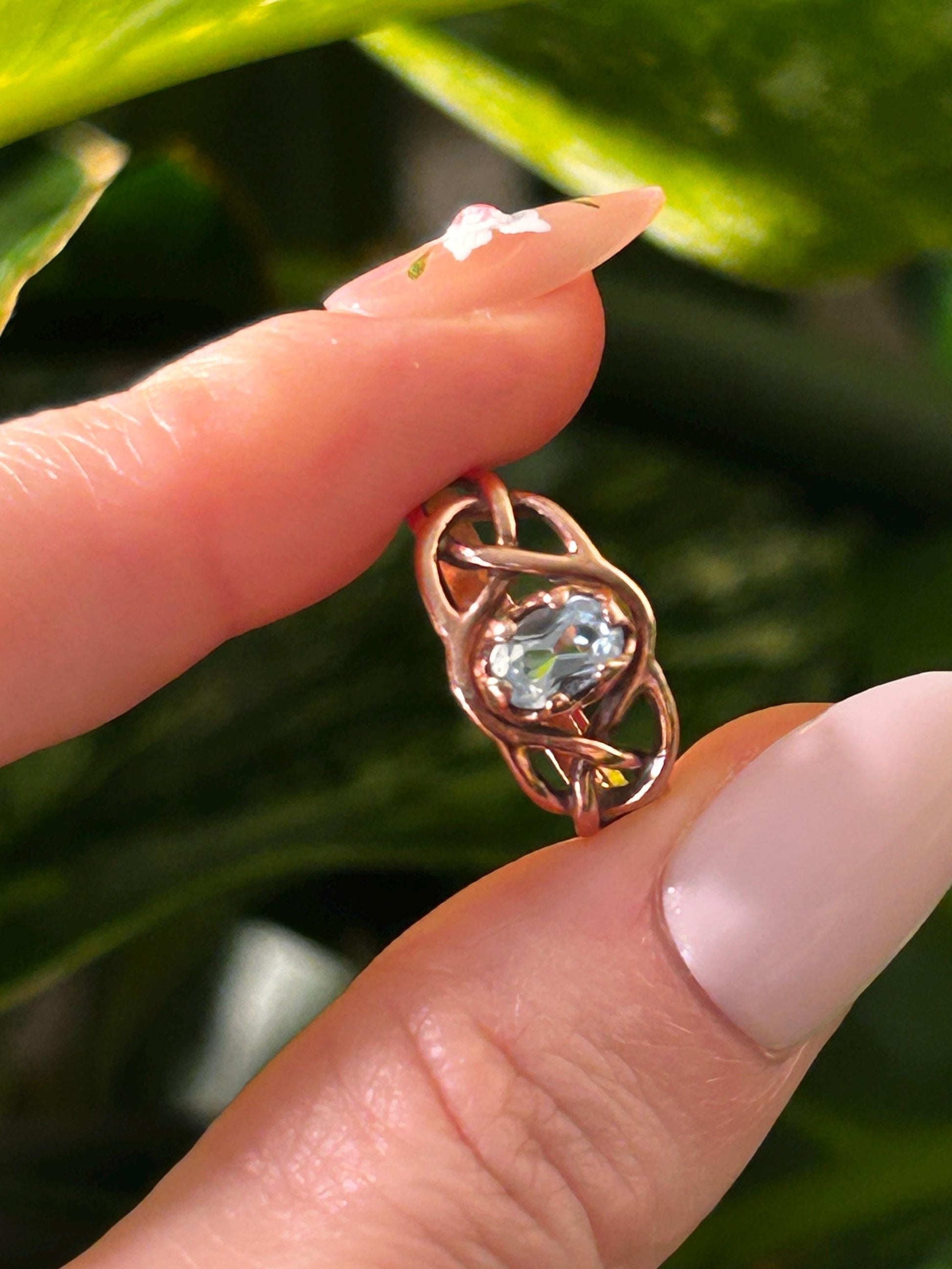 Vintage 90's Clogau Rose Gold 9ct Celtic Ring Aquamarine| Welsh Gold Dainty Jewelry - Size K / 5.5