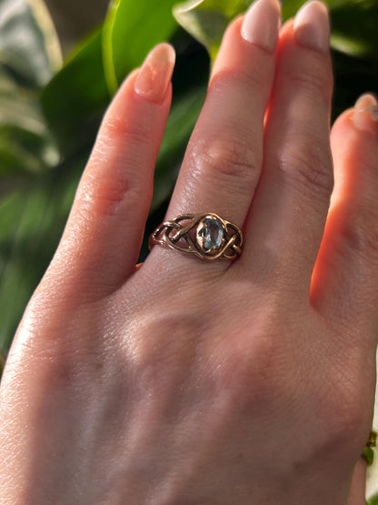 Vintage 90's Clogau Rose Gold 9ct Celtic Ring Aquamarine| Welsh Gold Dainty Jewelry - Size K / 5.5