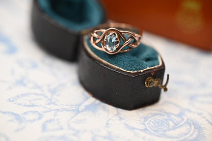 Vintage 90's Clogau Rose Gold 9ct Celtic Ring Aquamarine| Welsh Gold Dainty Jewelry - Size K / 5.5
