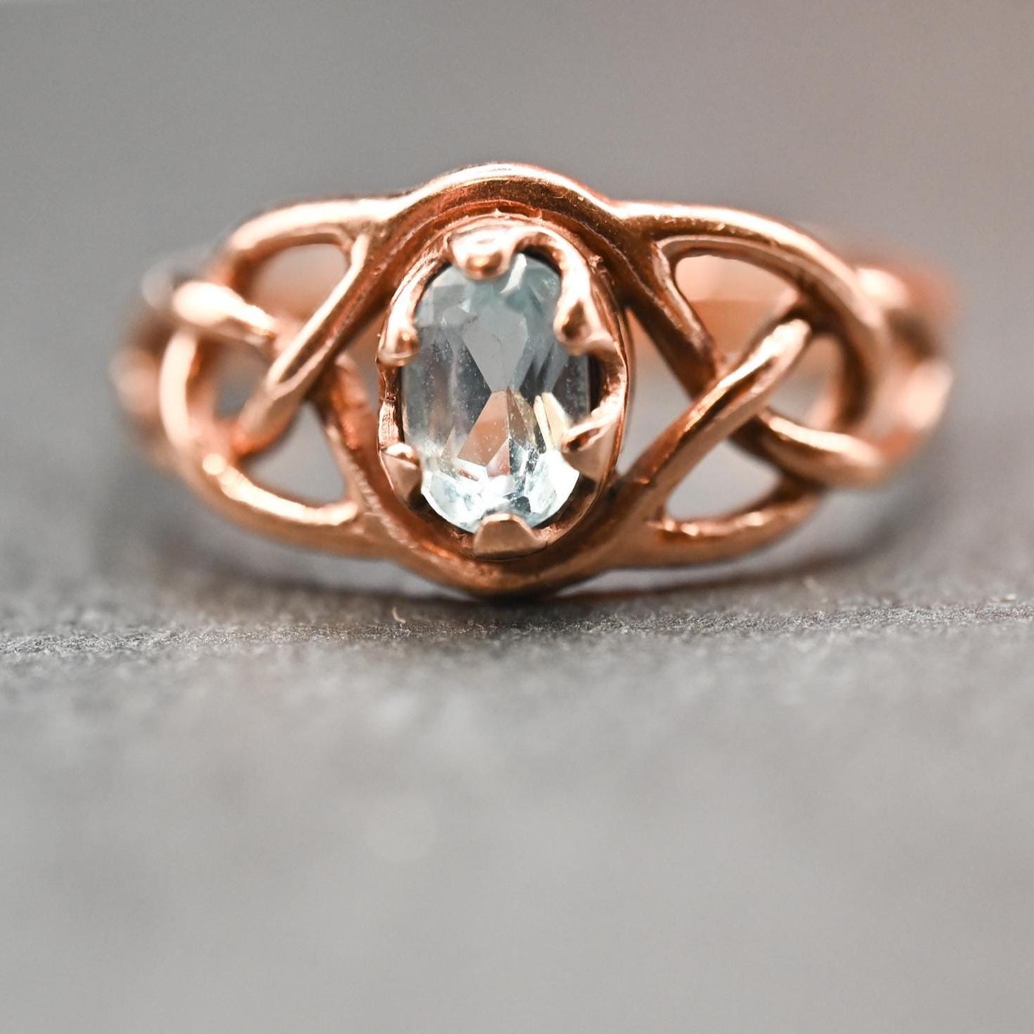 Genuine Vintage 90's Clogau Rose Gold 9ct Celtic Ring Aquamarine| Welsh Gold Dainty Jewelry - Size K / 5.5