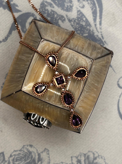 Vintage Clogau 9ct Rose Gold Amethyst and Diamond Cross Necklace with Chain - Christening Gift/ Christmas Jewelry
