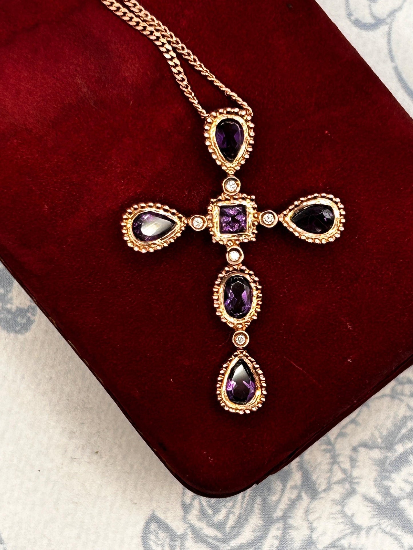 Vintage Clogau 9ct Rose Gold Amethyst Diamond Cross Necklace with 18” Chain