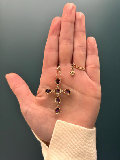 Vintage Clogau 9ct Rose Gold Amethyst Diamond Cross Necklace with 18” Chain