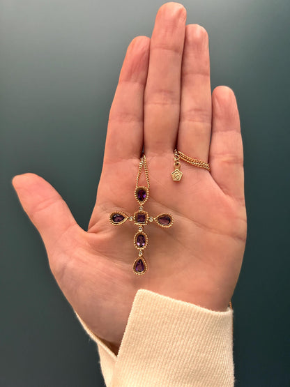 Vintage Clogau 9ct Rose Gold Amethyst Diamond Cross Necklace with 18” Chain