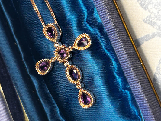 Vintage Clogau 9ct Rose Gold Amethyst and Diamond Cross Necklace with Chain - Christening Gift/ Christmas Jewelry
