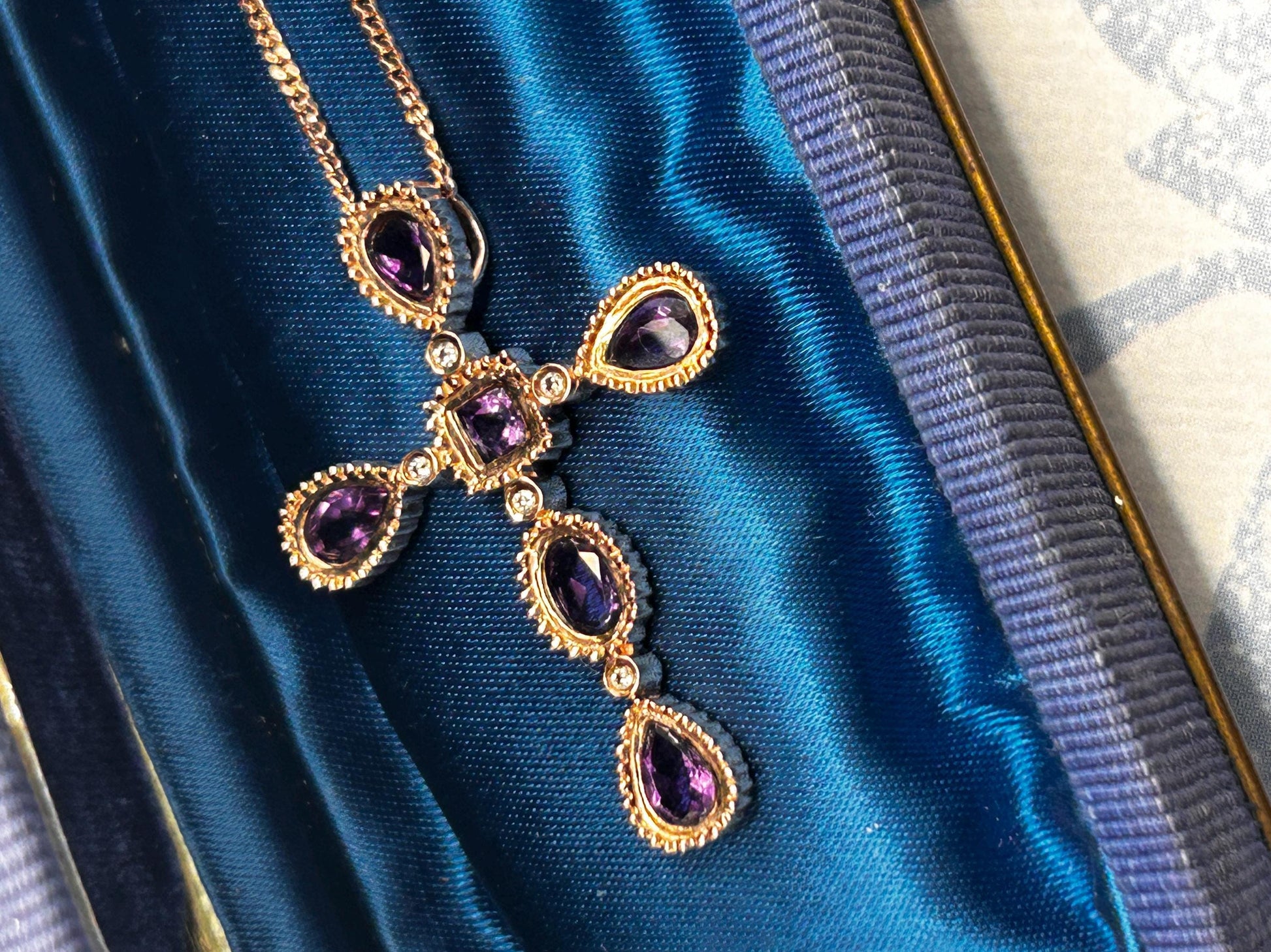 Vintage Clogau 9ct Rose Gold Amethyst Diamond Cross Necklace with 18” Chain
