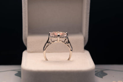 Vintage 9ct Gold Rose Quartz and Diamond Cocktail Ring, Marquise Cut Engagement Ring White Gold - England Assayed