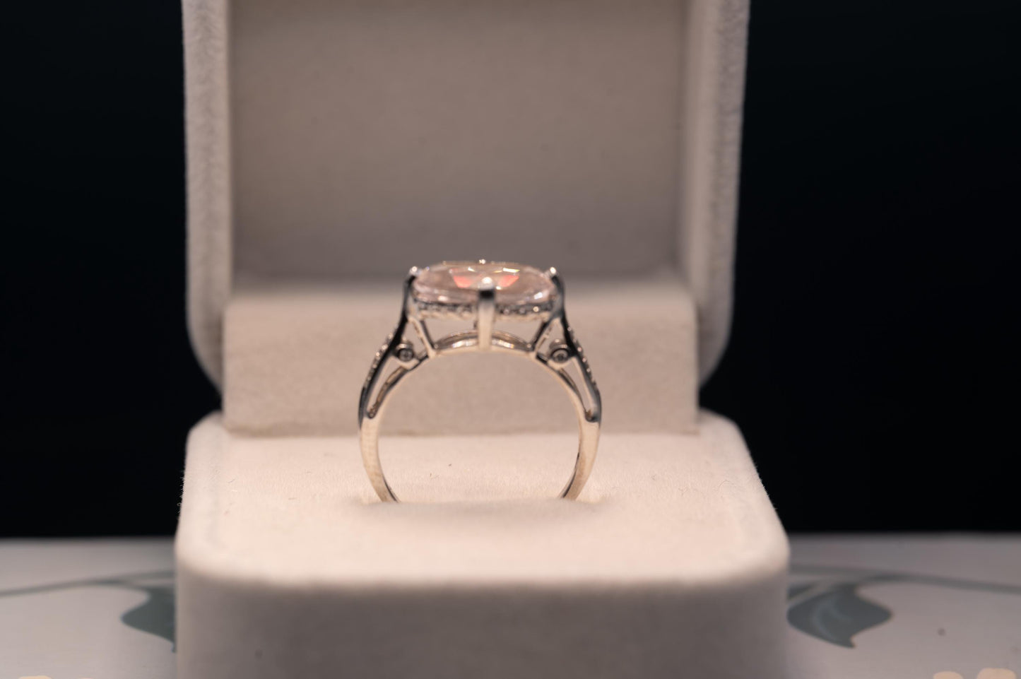 Vintage 9ct Gold Rose Quartz and Diamond Cocktail Ring, Marquise Cut Engagement Ring White Gold - England Assayed