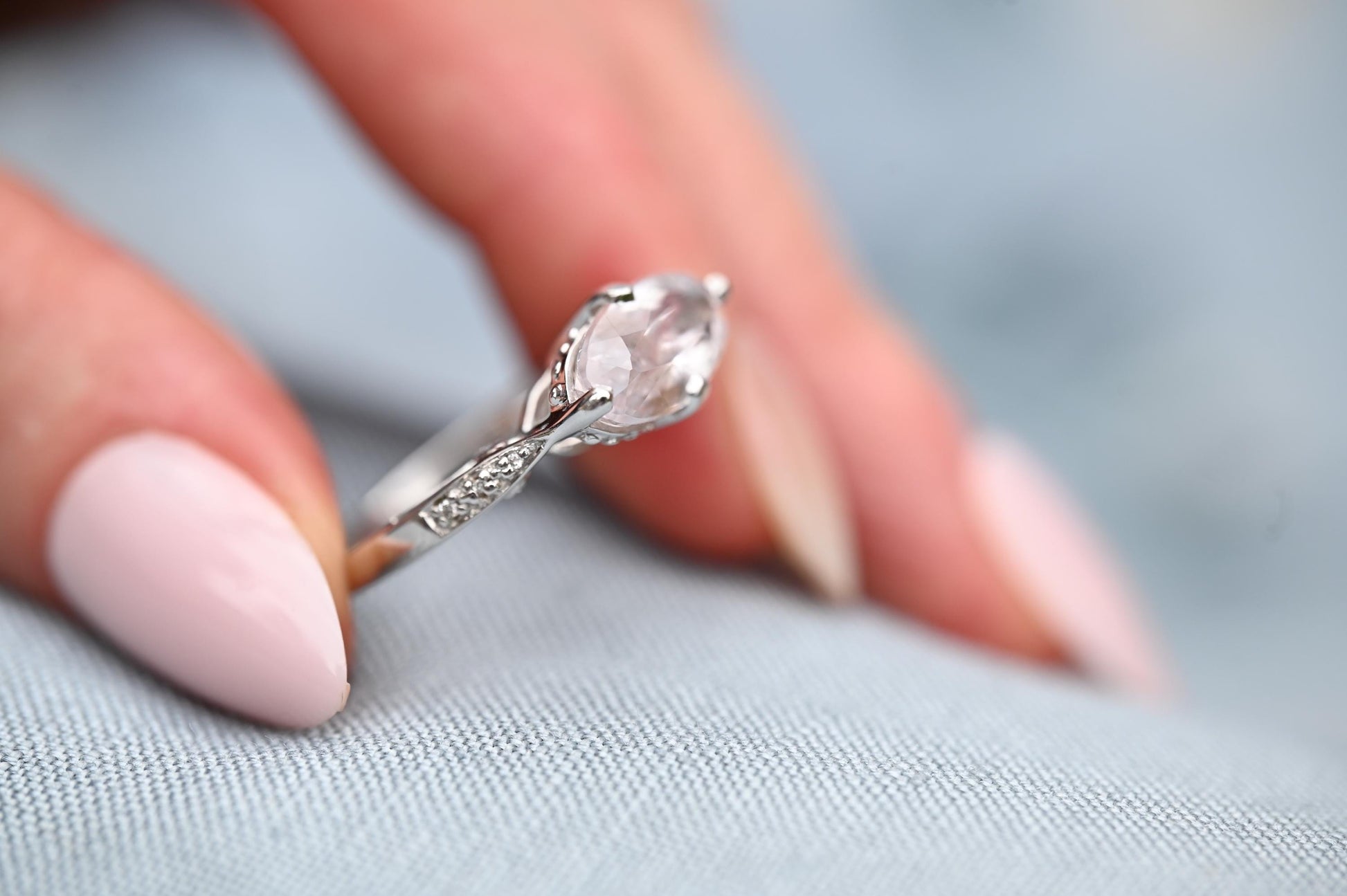 Vintage 9ct Gold Rose Quartz and Diamond Cocktail Ring, Marquise Cut Engagement Ring White Gold - England Assayed