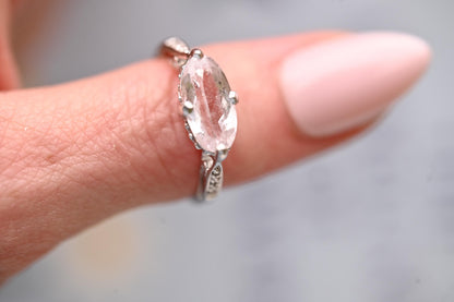 Vintage 9ct Gold Rose Quartz and Diamond Cocktail Ring, Marquise Cut Engagement Ring White Gold - England Assayed