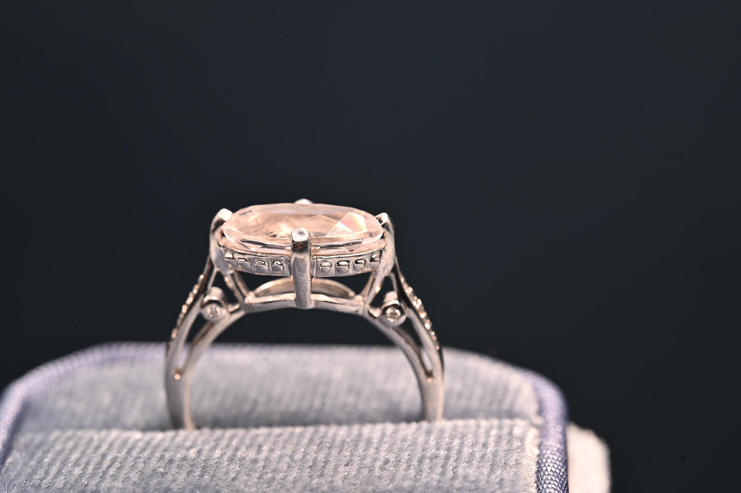 Vintage 9ct Gold Rose Quartz and Diamond Cocktail Ring, Marquise Cut Engagement Ring White Gold - England Assayed