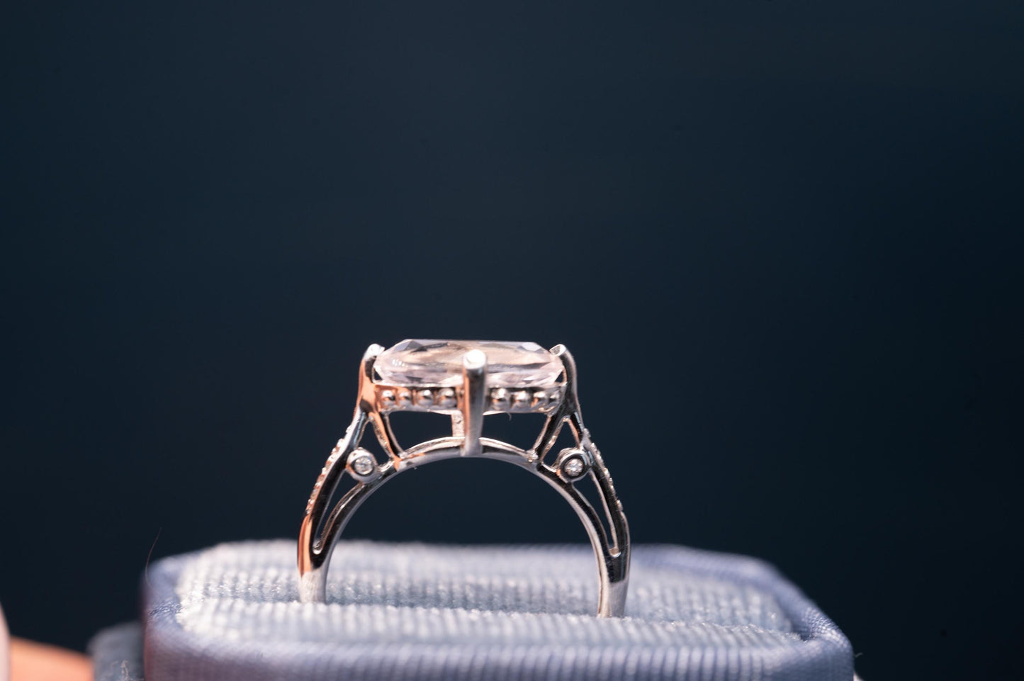 Vintage 9ct Gold Rose Quartz and Diamond Cocktail Ring, Marquise Cut Engagement Ring White Gold - England Assayed