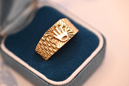 Vintage 18ct Gold Rolex Style Ring Chunky Signet Band - Size UK R /US 9