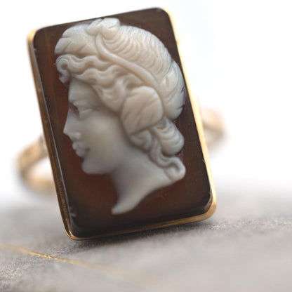 Antique Victorian 18ct Solid Yellow Gold Ring, Hard Stone Cameo Classical Male Figure - Estate Jewelry Size N / 7