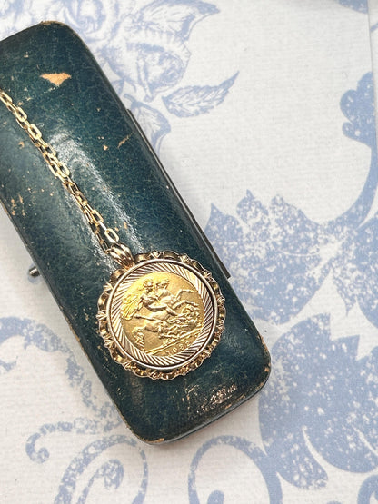 Vintage 1982 English Half Sovereign Coin Pendant with Chain 9ct Gold English Jewellery Heirloom