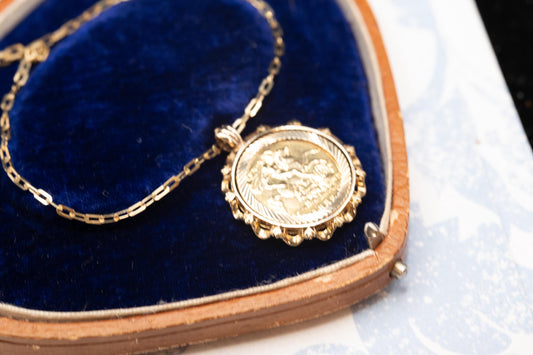 Vintage 1982 English Half Sovereign Coin Pendant with Chain 9ct Gold English Jewellery Heirloom