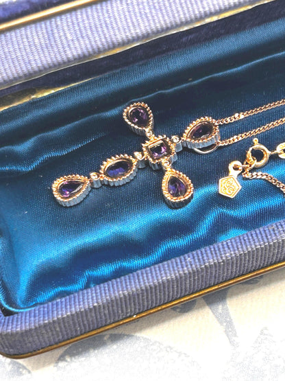 Vintage Clogau 9ct Rose Gold Amethyst and Diamond Cross Necklace with Chain - Christening Gift/ Christmas Jewelry