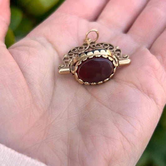 Vintage 9ct Gold Spinning Fob Agate, Onyx and Bloodstone Pendant / Charm