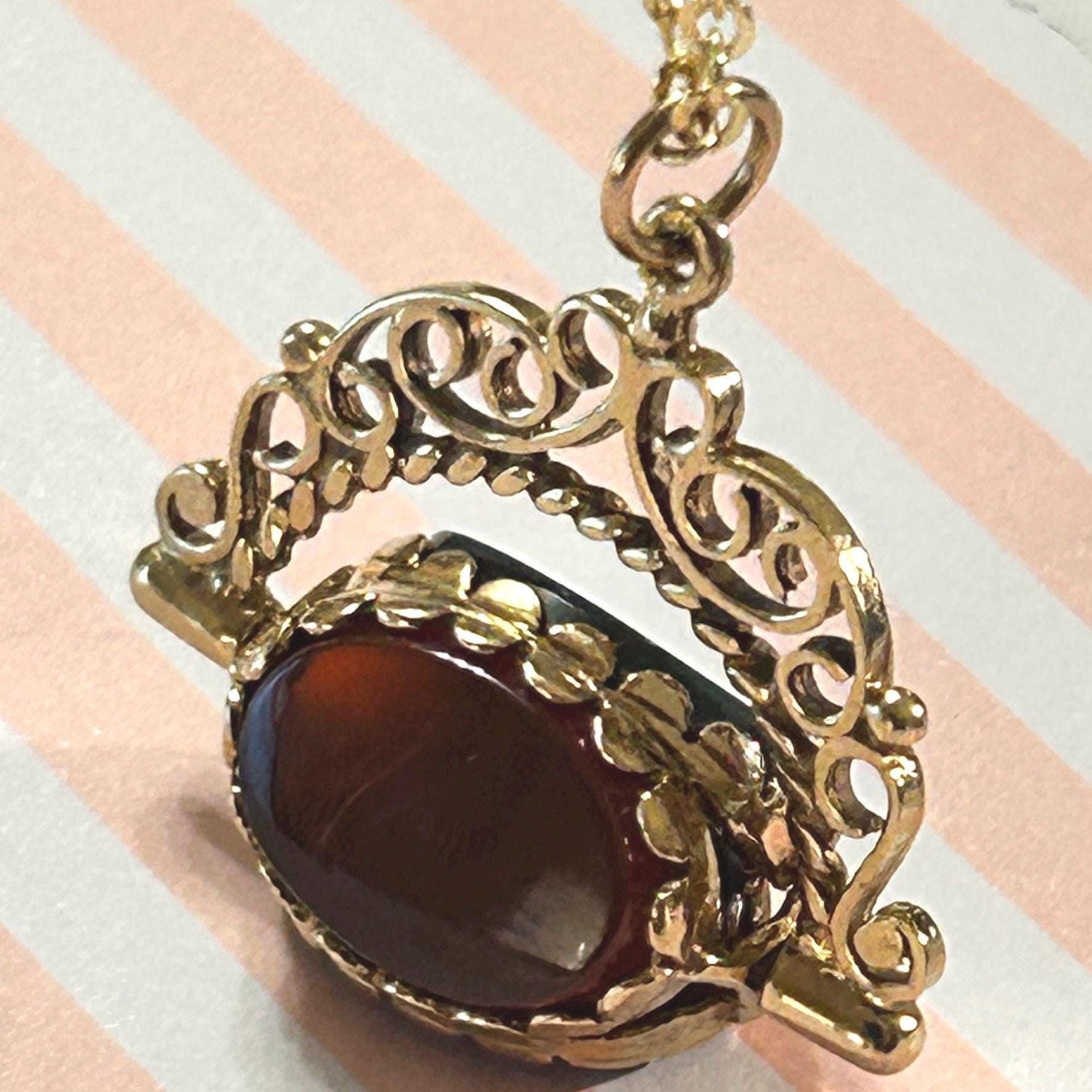 Vintage 9ct Gold Spinning Fob Agate, Onyx and Bloodstone Pendant / Charm