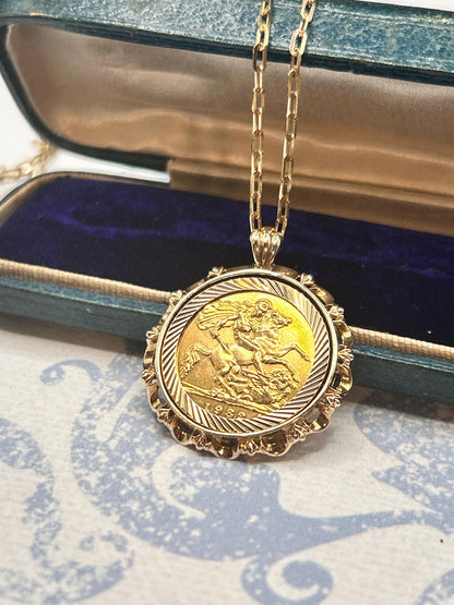 Vintage 1982 English Half Sovereign Coin Pendant with Chain 9ct Gold English Jewellery Heirloom