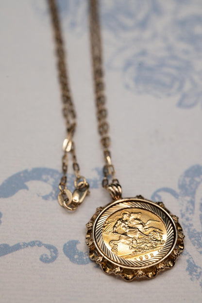 Vintage 1982 English Half Sovereign Coin Pendant with Chain 9ct Gold English Jewellery Heirloom