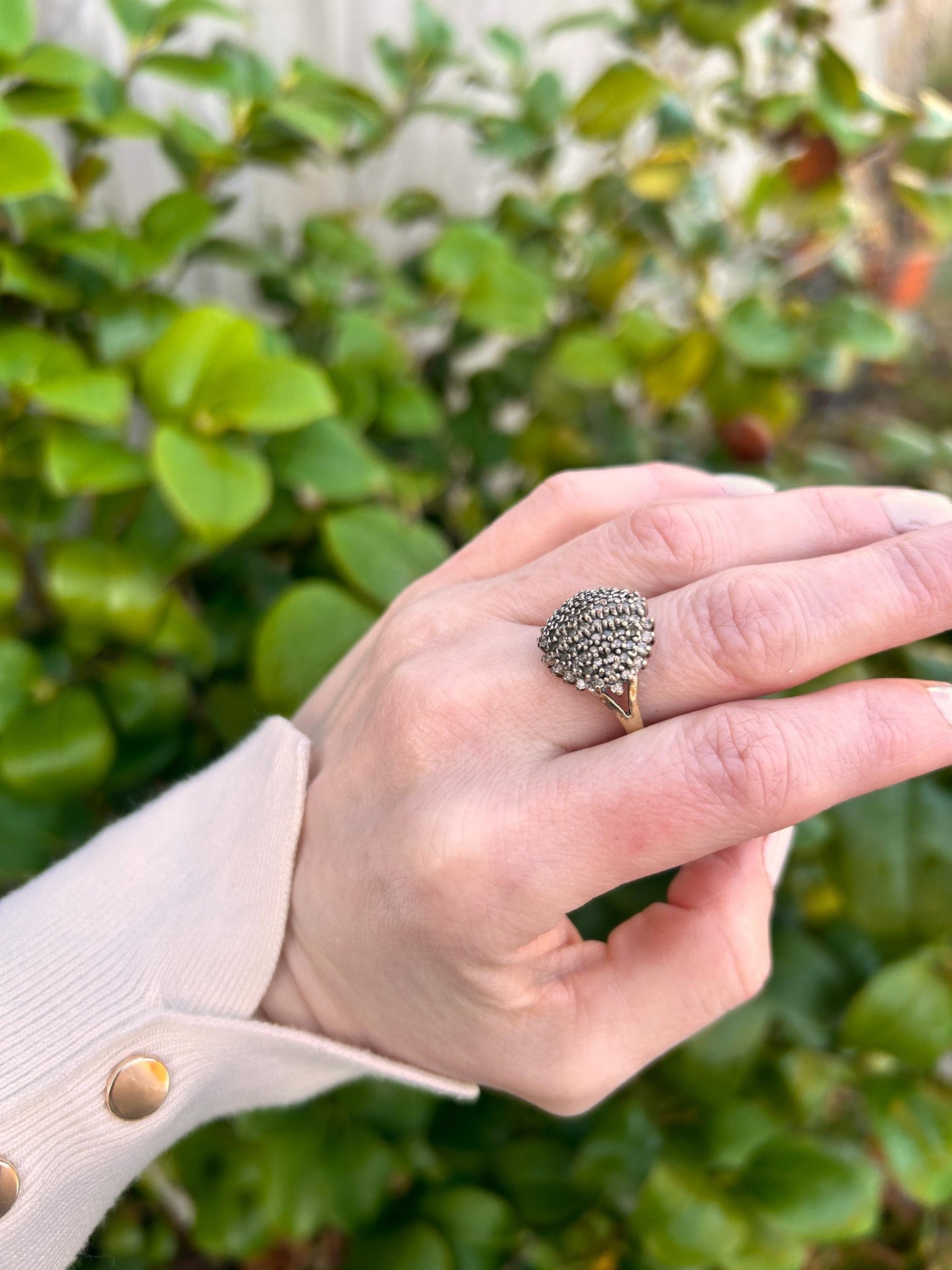 Vintage 9ct Gold Champaign Diamond Bomb Cluster Size N 1/2 - US 7 - Statement Jewelry