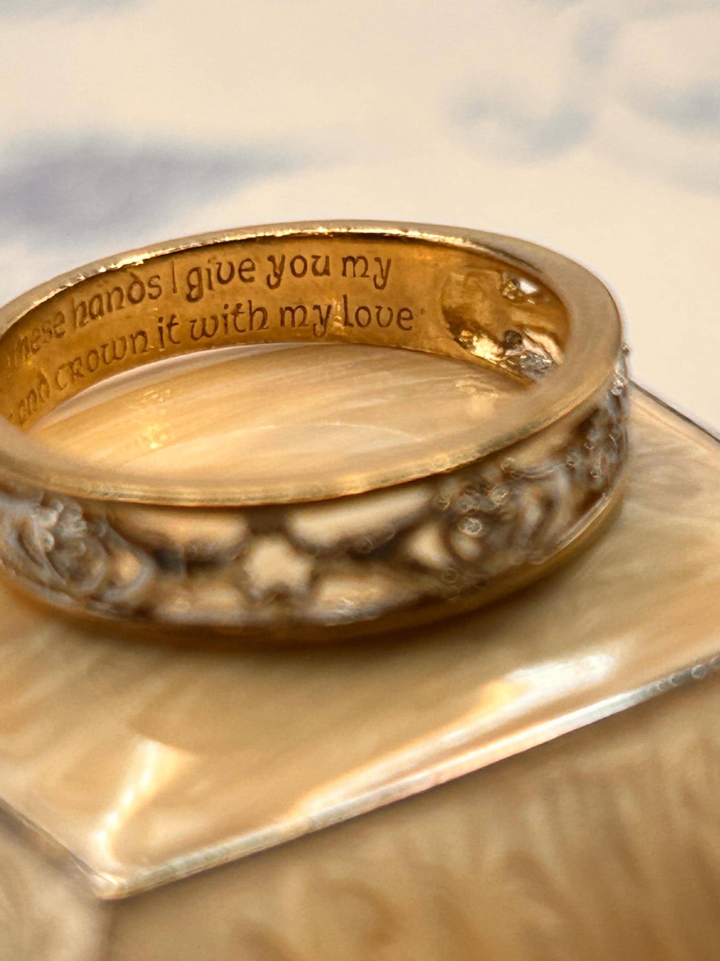 Vintage 9ct Cladagh Heart Ring yellow and white gold Diamond 9ct Gold with inscription. Ring Size N / US 7