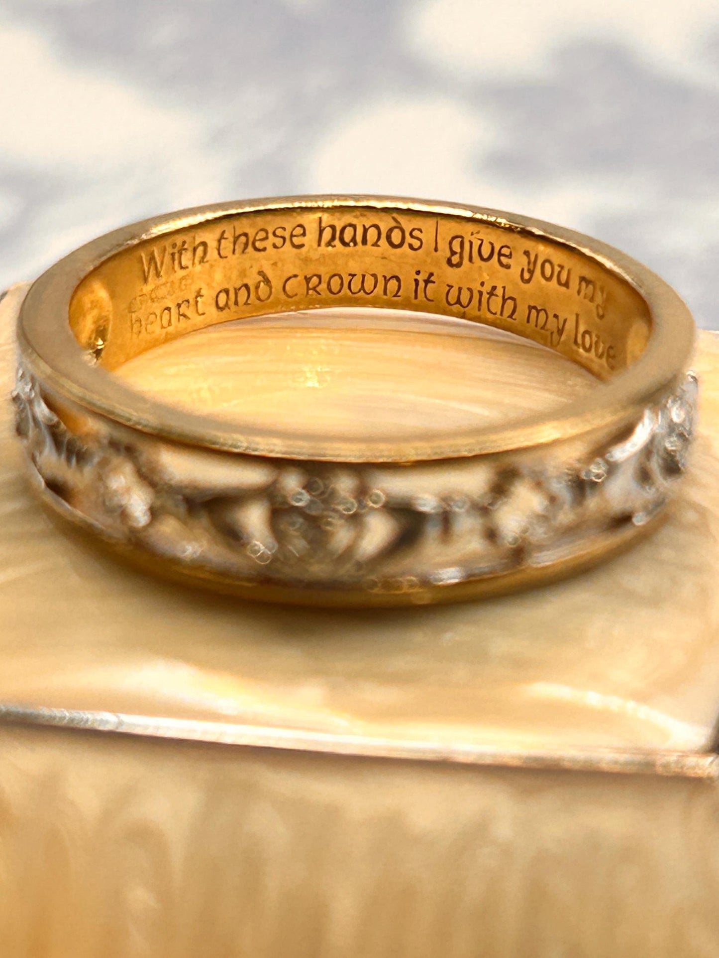 Vintage 9ct Claddagh Heart Ring yellow and white gold Diamond 9ct Gold with inscription. Ring Size N / US 7