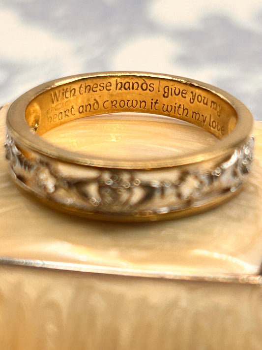 Vintage 9ct Claddagh Heart Ring yellow and white gold Diamond 9ct Gold with inscription. Ring Size N / US 7