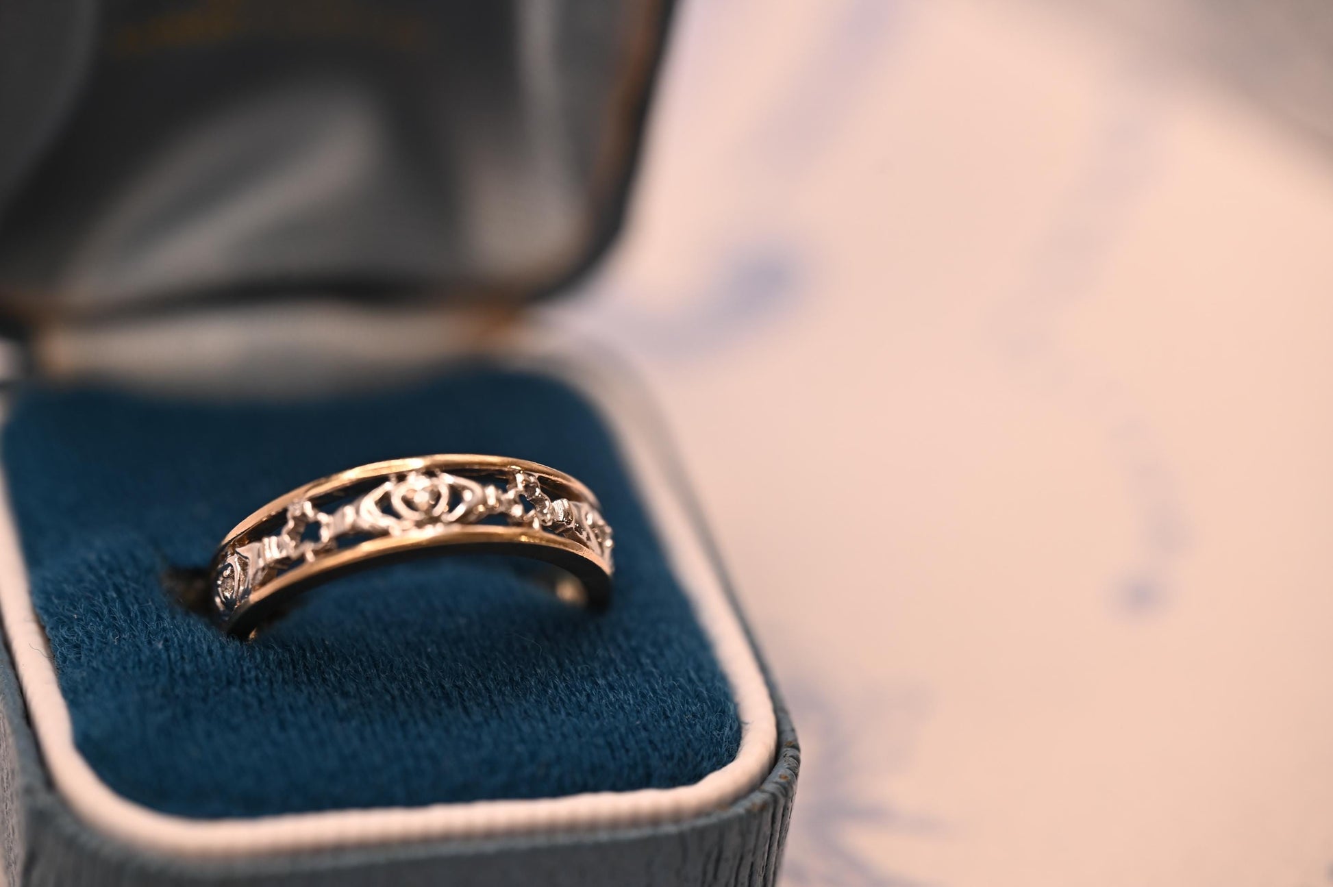 Vintage 9ct Claddagh Heart Ring yellow and white gold Diamond 9ct Gold with inscription. Ring Size N / US 7