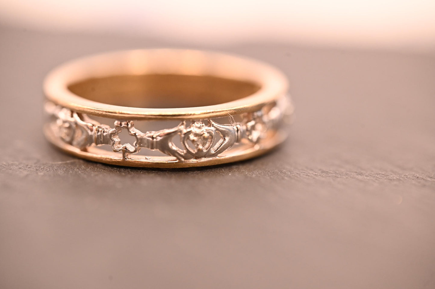Vintage 9ct Claddagh Heart Ring yellow and white gold Diamond 9ct Gold with inscription. Ring Size N / US 7