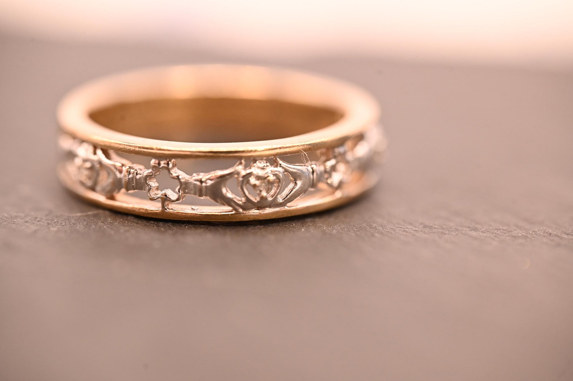 Vintage 9ct Claddagh Heart Ring yellow and white gold Diamond 9ct Gold with inscription. Ring Size N / US 7