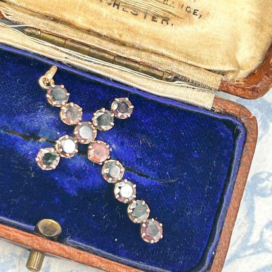 Antique - Georgian Garnet Cross 9ct Gold Hallmarked Crucifix Pendant - Christian Jewellery