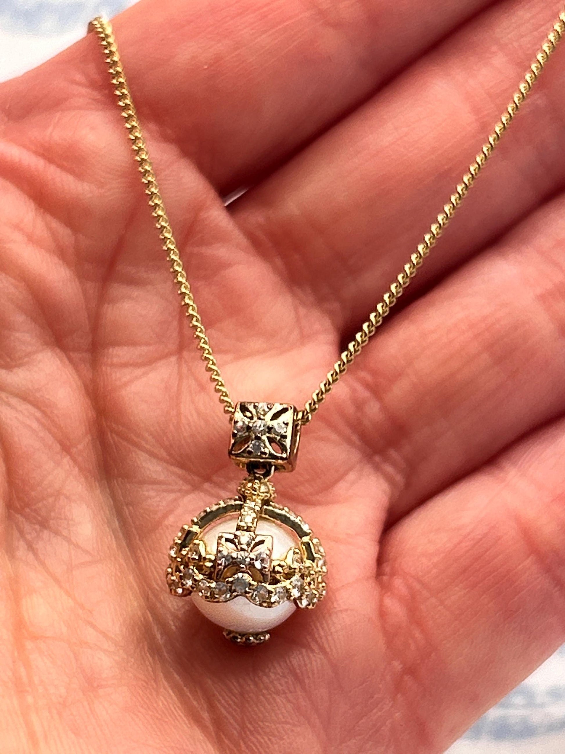 Vintage Clogau 9ct Gold Pearl and Diamond Crowned Pendant with Chain - Welsh Gold Heirloom Estate Jewelry