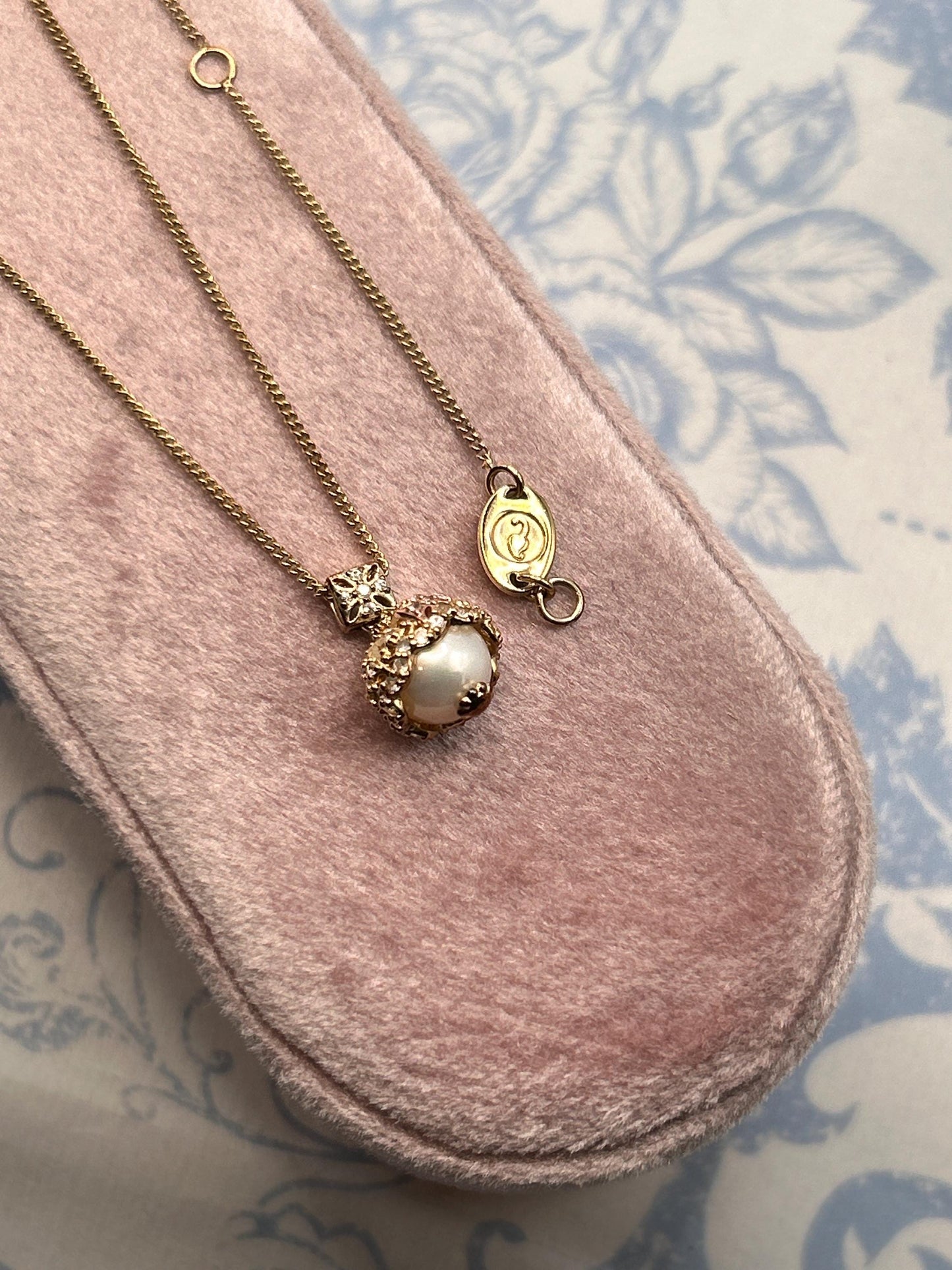 Vintage Clogau 9ct Gold Pearl and Diamond Crowned Pendant with Chain - Welsh Gold Heirloom Estate Jewelry