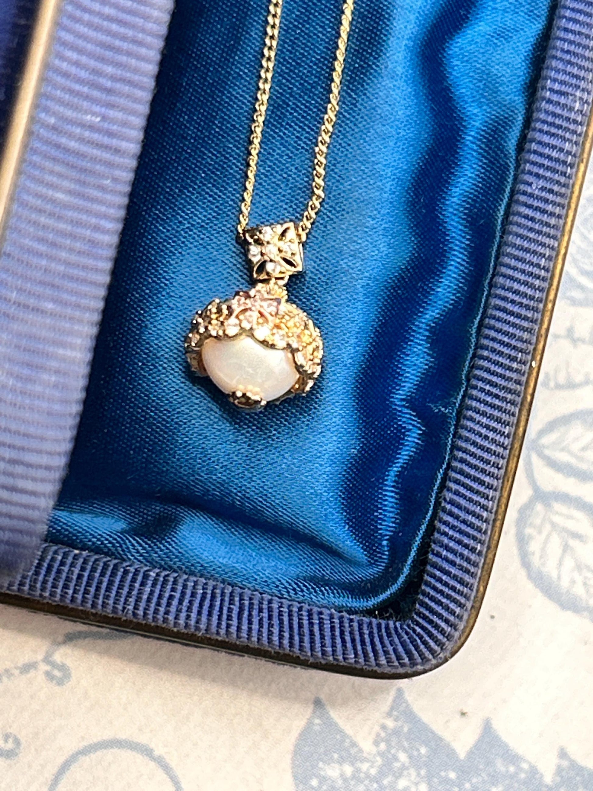 Vintage Clogau 9ct Gold Pearl and Diamond Crowned Pendant with Chain - Welsh Gold Heirloom Estate Jewelry