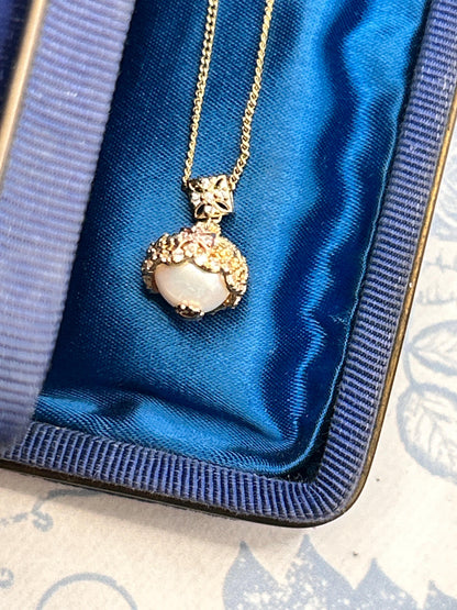 Vintage Clogau 9ct Gold Pearl and Diamond Crowned Pendant with Chain - Welsh Gold Heirloom Estate Jewelry