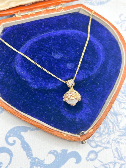 Vintage Clogau 9ct Gold Pearl and Diamond Crowned Pendant with Chain - Welsh Gold Heirloom Estate Jewelry