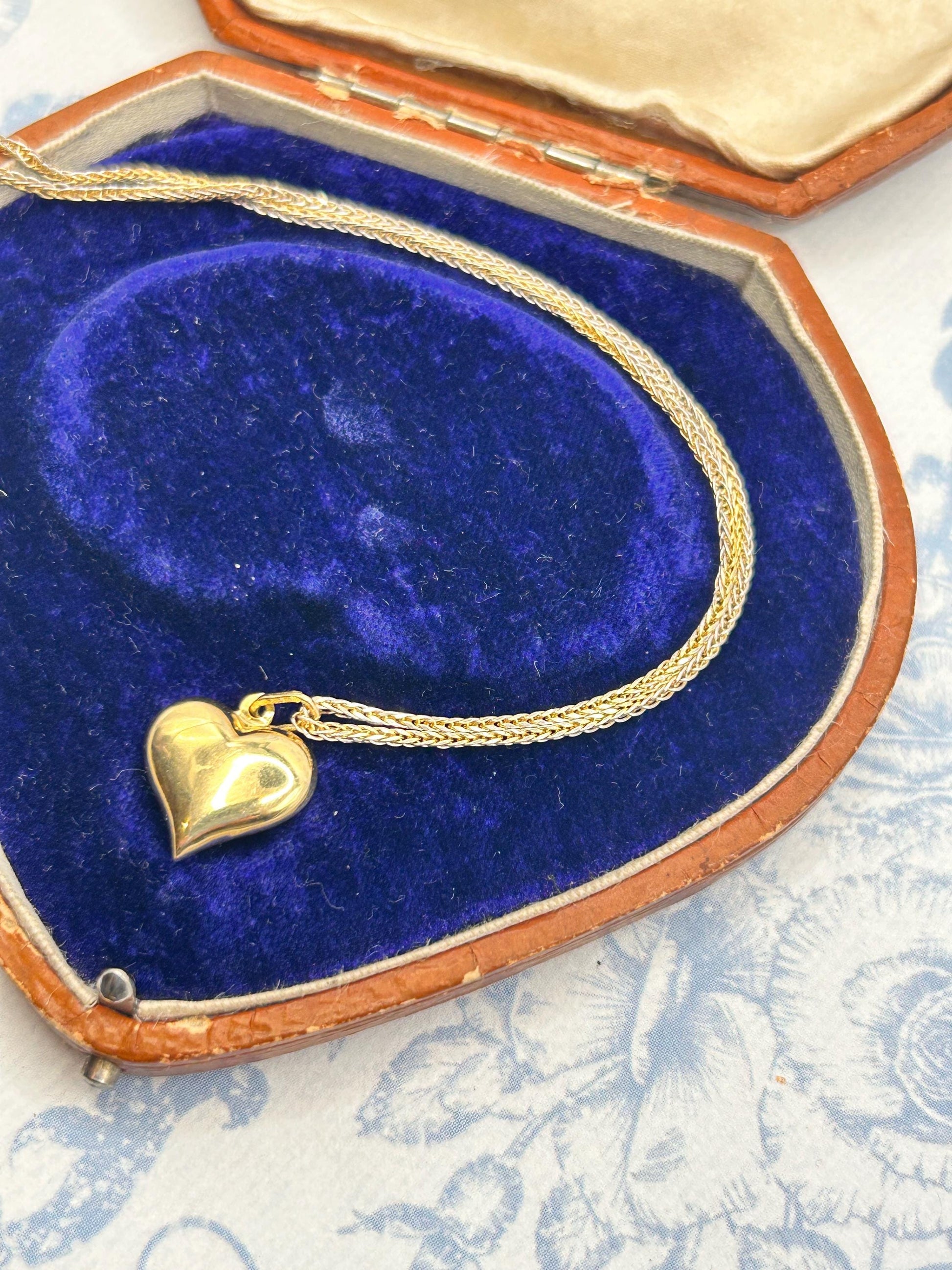 Vintage 18ct Gold Puffy Heart Pendant with Two-Toned Foxtail Chain