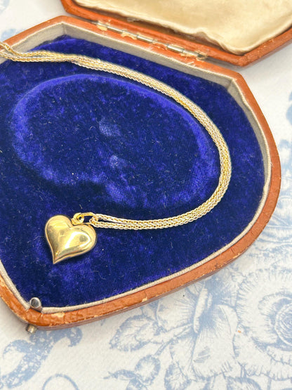 Vintage 18ct Gold Puffy Heart Pendant with Two-Toned Foxtail Chain