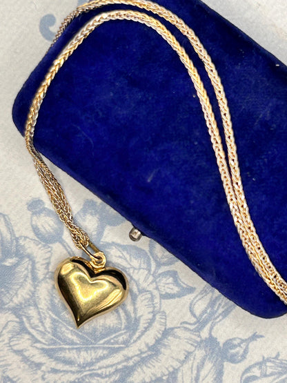 Vintage 18ct Gold Puffy Heart Pendant with Two-Toned Foxtail Chain