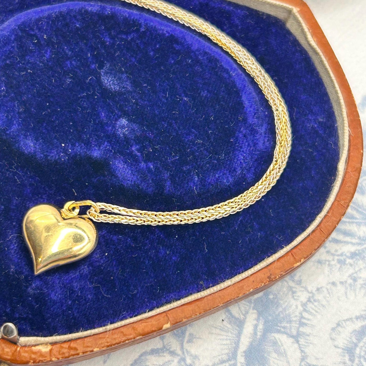 Vintage 18ct Gold Puffy Heart Pendant with Two-Toned Foxtail Chain
